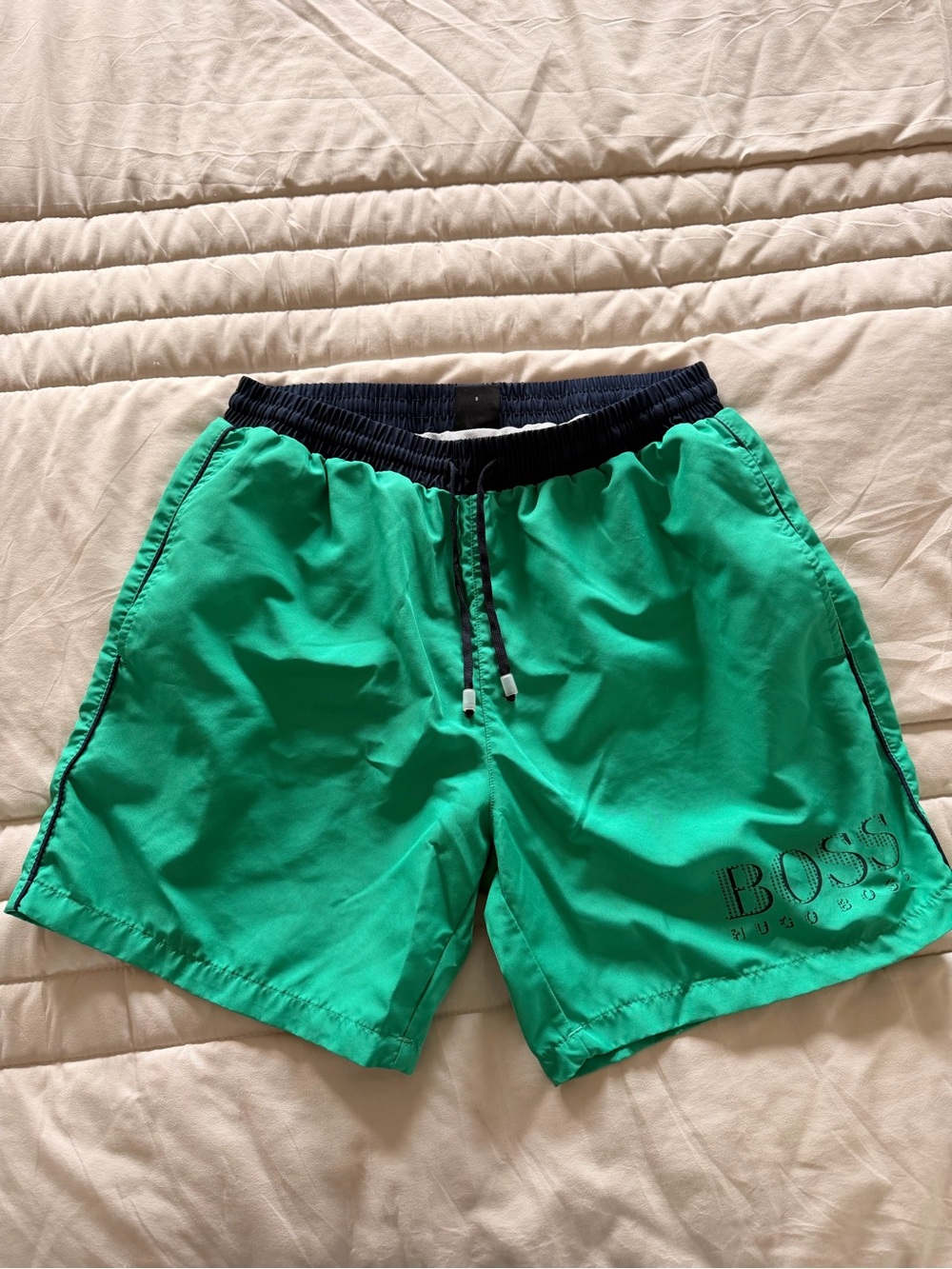 BOSS Men’s Teal Swim Trunks with Navy Waistband